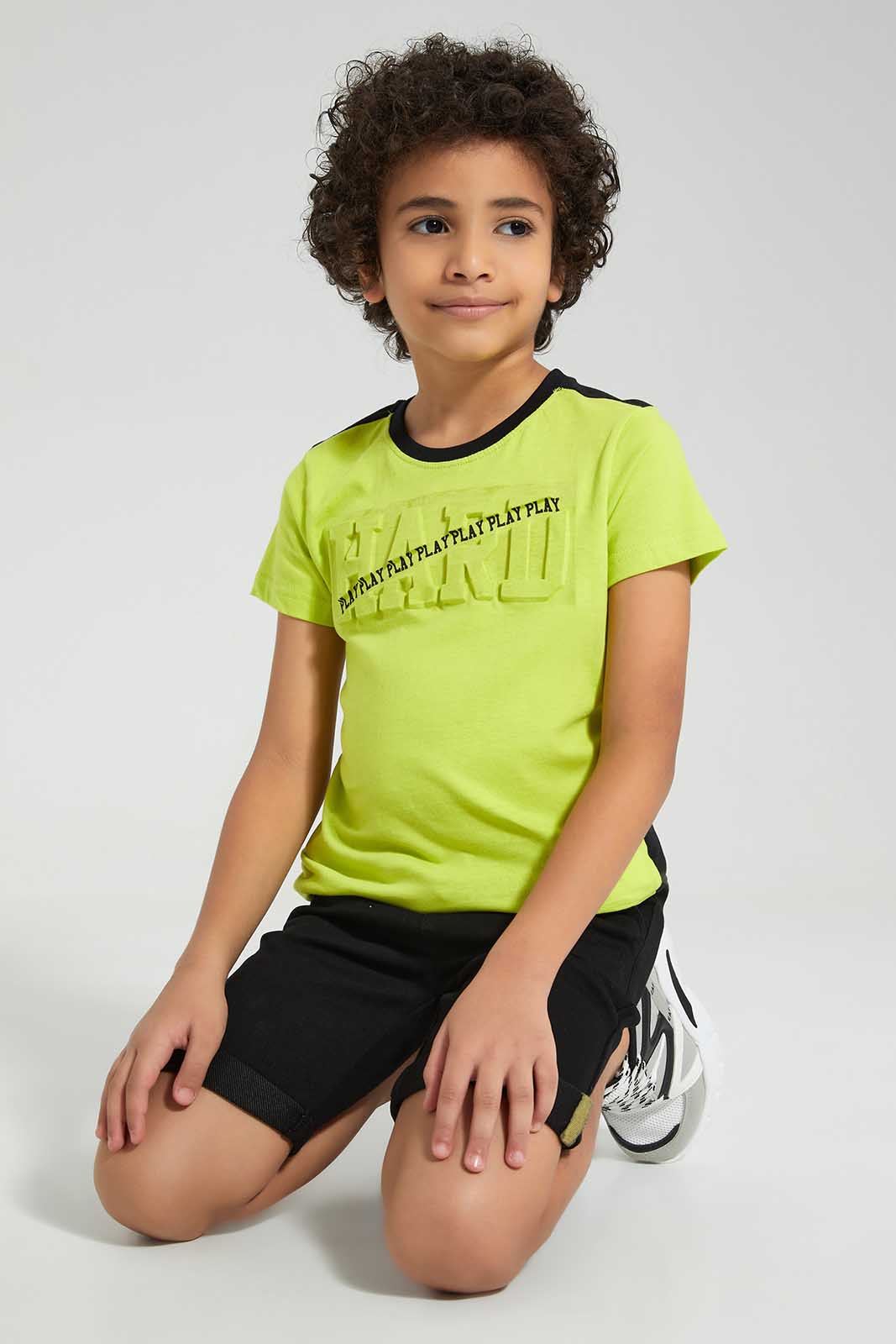 Redtag-Green-Neon-Embossed-T-Shirt-And-Knit-Denim-Shorts-Set-BOY-Sets,-Category:Sets,-Colour:Green,-Deals:New-In,-Filter:Boys-(2-to-8-Yrs),-New-In-BOY,-Non-Sale,-Section:Boys-(0-to-14Yrs),-W22O-Boys-2 to 8 Years
