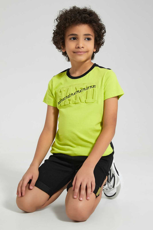 Redtag-Green-Neon-Embossed-T-Shirt-And-Knit-Denim-Shorts-Set-BOY-Sets,-Category:Sets,-Colour:Green,-Deals:New-In,-Filter:Boys-(2-to-8-Yrs),-New-In-BOY,-Non-Sale,-Section:Boys-(0-to-14Yrs),-W22O-Boys-2 to 8 Years