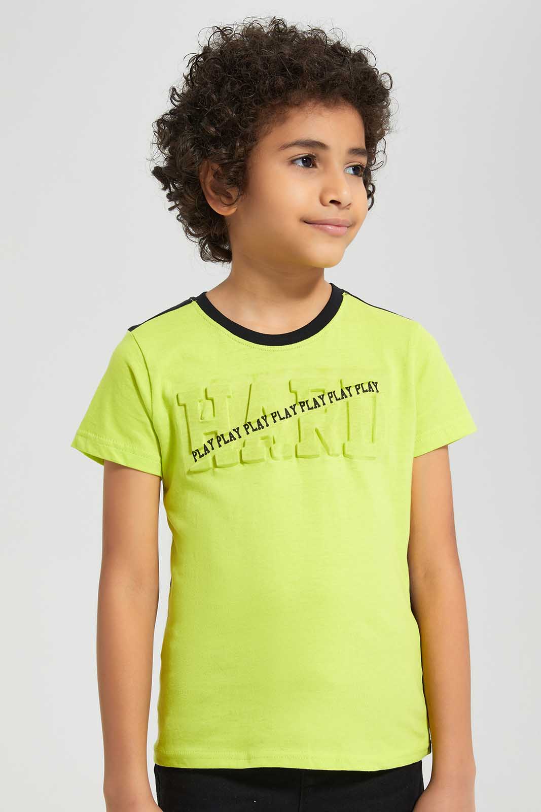 Redtag-Green-Neon-Embossed-T-Shirt-And-Knit-Denim-Shorts-Set-BOY-Sets,-Category:Sets,-Colour:Green,-Deals:New-In,-Filter:Boys-(2-to-8-Yrs),-New-In-BOY,-Non-Sale,-Section:Boys-(0-to-14Yrs),-W22O-Boys-2 to 8 Years