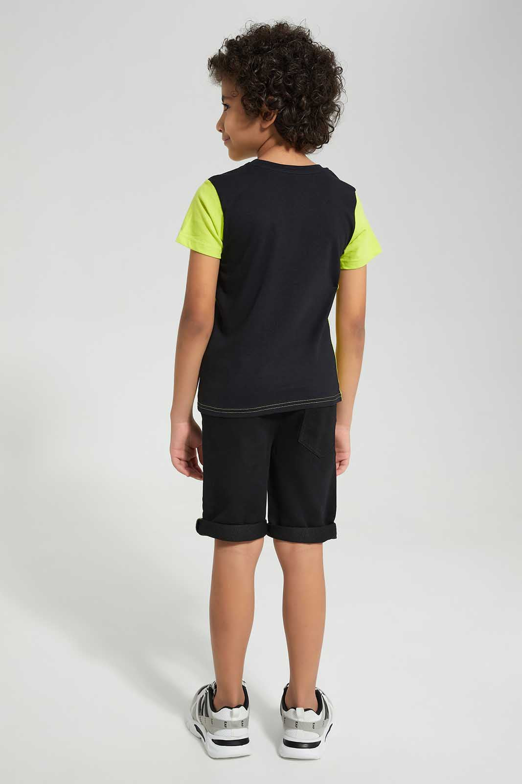 Redtag-Green-Neon-Embossed-T-Shirt-And-Knit-Denim-Shorts-Set-BOY-Sets,-Category:Sets,-Colour:Green,-Deals:New-In,-Filter:Boys-(2-to-8-Yrs),-New-In-BOY,-Non-Sale,-Section:Boys-(0-to-14Yrs),-W22O-Boys-2 to 8 Years