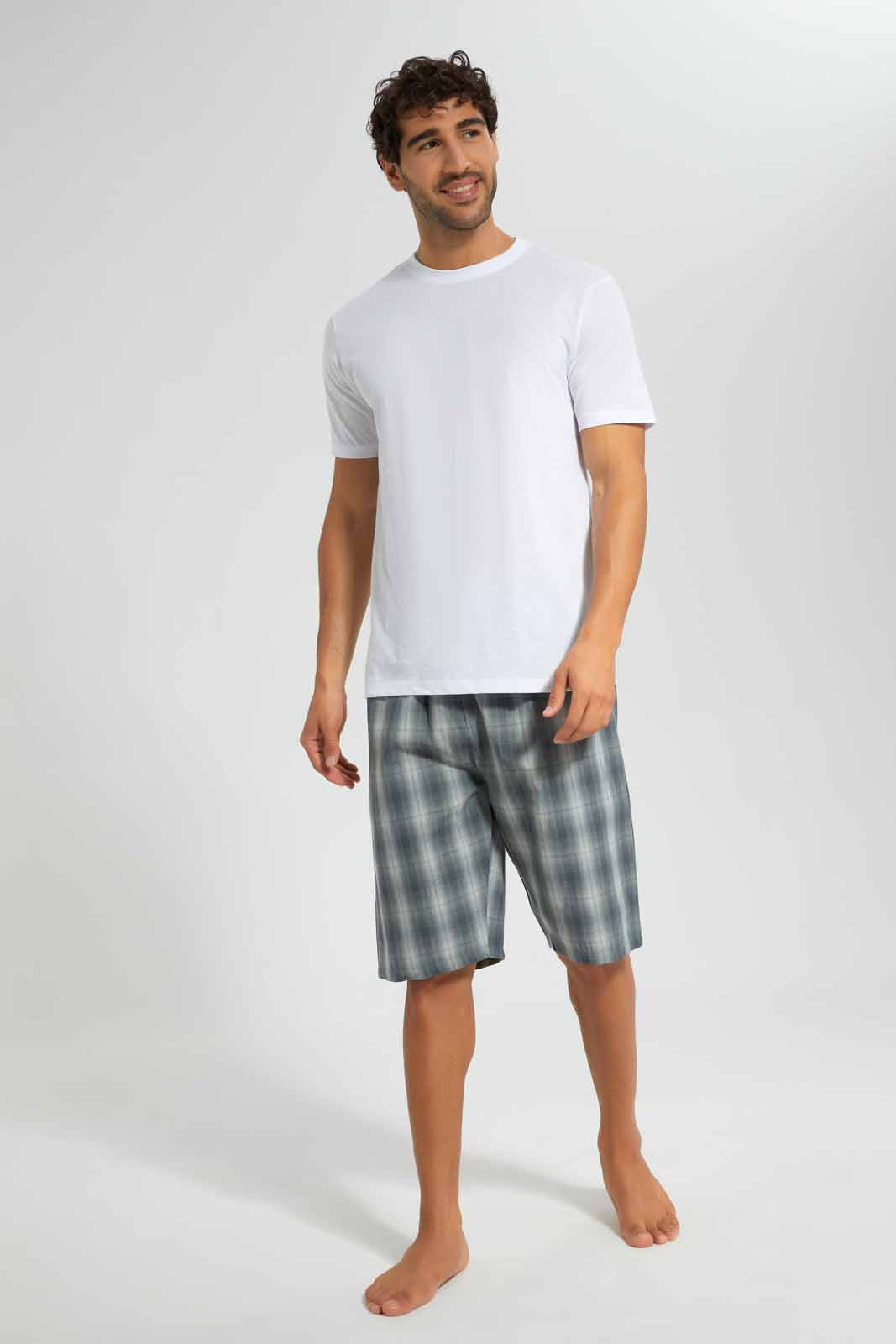 Redtag-White-Pyjama-Set-With-Check-Shorts-Category:Pyjama-Sets,-Colour:White,-Deals:New-In,-Filter:Men's-Clothing,-Men-Pyjama-Sets,-New-In-Men,-Non-Sale,-Section:Men,-W22O-Men's-