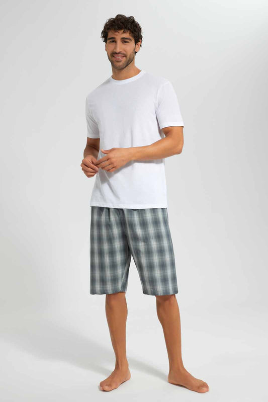 Redtag-White-Pyjama-Set-With-Check-Shorts-Category:Pyjama-Sets,-Colour:White,-Deals:New-In,-Filter:Men's-Clothing,-Men-Pyjama-Sets,-New-In-Men,-Non-Sale,-Section:Men,-W22O-Men's-