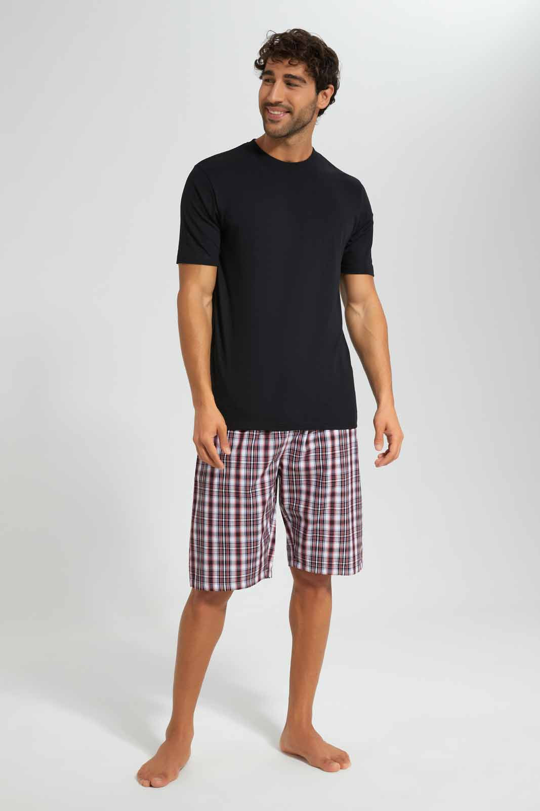 Redtag-Black-Pyjama-Set-With-Check-Shorts-Category:Pyjama-Sets,-Colour:Black,-Deals:New-In,-Filter:Men's-Clothing,-Men-Pyjama-Sets,-New-In-Men,-Non-Sale,-Section:Men,-W22O-Men's-