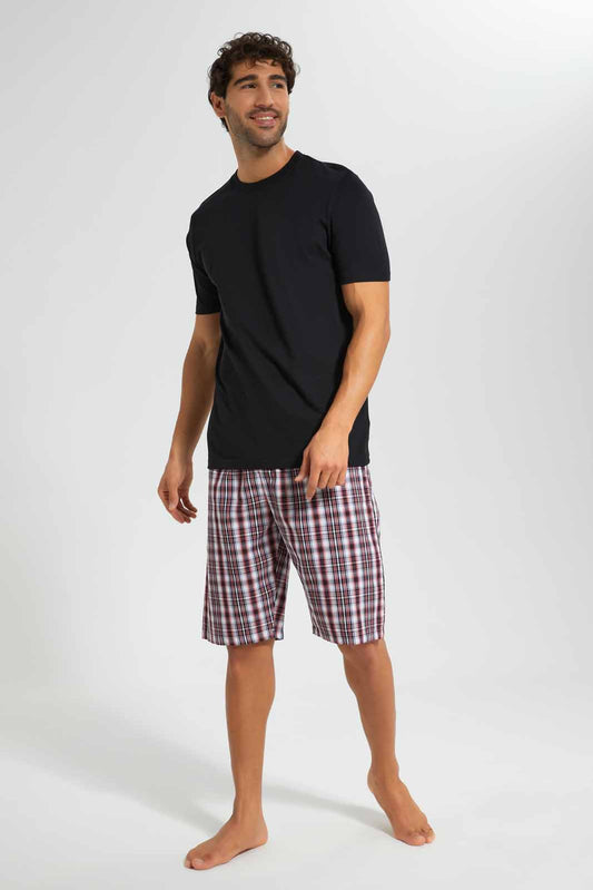 Redtag-Black-Pyjama-Set-With-Check-Shorts-Category:Pyjama-Sets,-Colour:Black,-Deals:New-In,-Filter:Men's-Clothing,-Men-Pyjama-Sets,-New-In-Men,-Non-Sale,-Section:Men,-W22O-Men's-