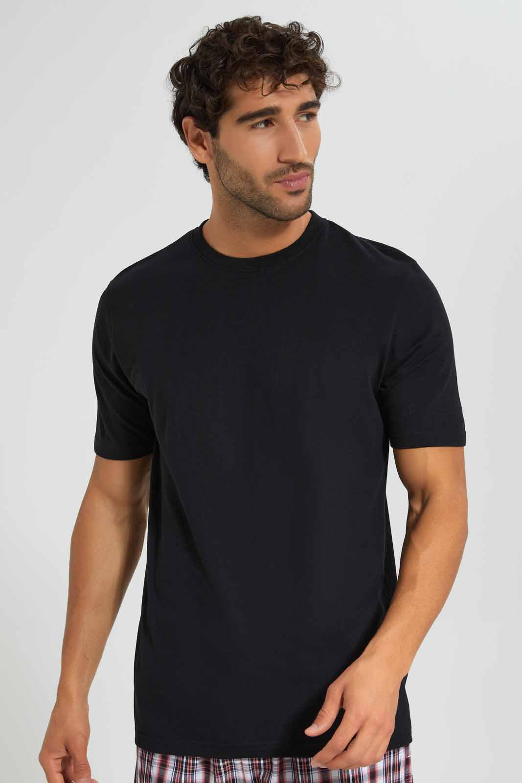 Redtag-Black-Pyjama-Set-With-Check-Shorts-Category:Pyjama-Sets,-Colour:Black,-Deals:New-In,-Filter:Men's-Clothing,-Men-Pyjama-Sets,-New-In-Men,-Non-Sale,-Section:Men,-W22O-Men's-