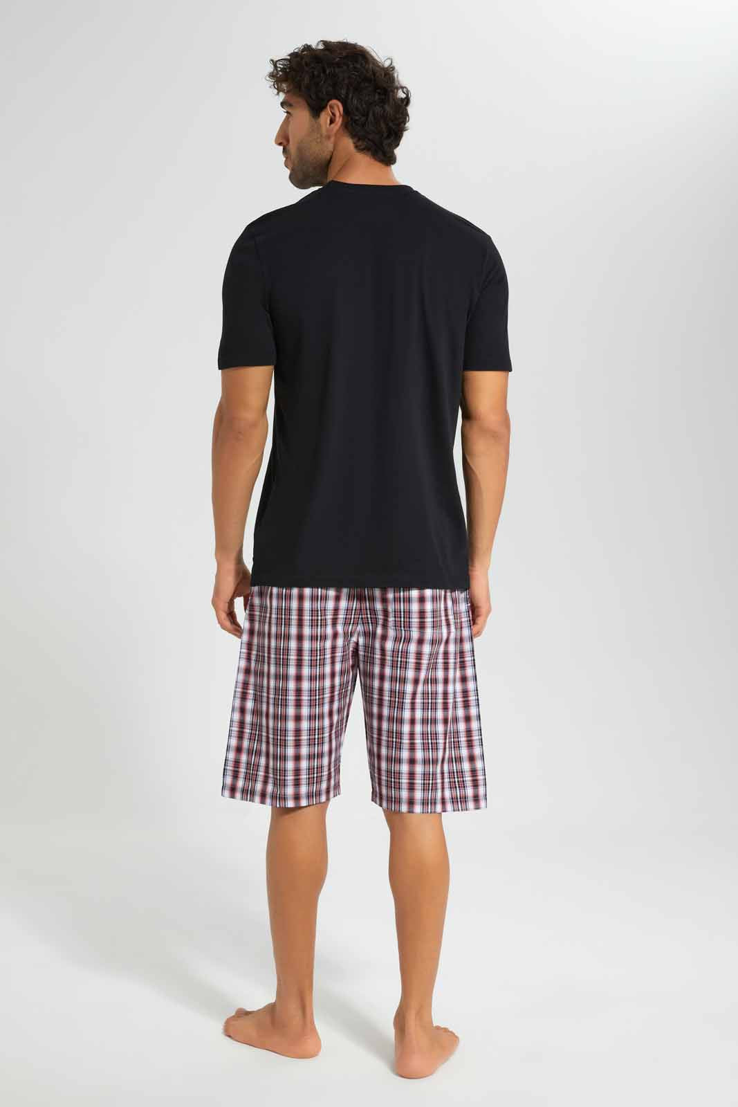 Redtag-Black-Pyjama-Set-With-Check-Shorts-Category:Pyjama-Sets,-Colour:Black,-Deals:New-In,-Filter:Men's-Clothing,-Men-Pyjama-Sets,-New-In-Men,-Non-Sale,-Section:Men,-W22O-Men's-