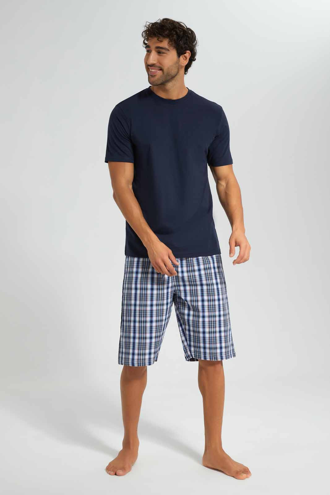 Redtag-Navy-Pyjama-Set-With-Check-Shorts-Category:Pyjama-Sets,-Colour:Navy,-Deals:New-In,-Filter:Men's-Clothing,-Men-Pyjama-Sets,-New-In-Men,-Non-Sale,-Section:Men,-W22O-Men's-