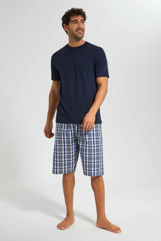 Redtag-Navy-Pyjama-Set-With-Check-Shorts-Category:Pyjama-Sets,-Colour:Navy,-Deals:New-In,-Filter:Men's-Clothing,-Men-Pyjama-Sets,-New-In-Men,-Non-Sale,-Section:Men,-W22O-Men's-
