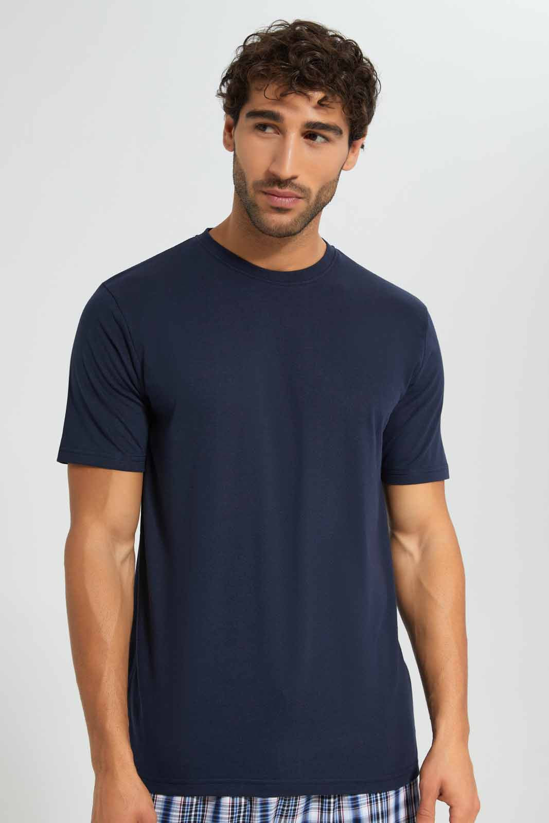 Redtag-Navy-Pyjama-Set-With-Check-Shorts-Category:Pyjama-Sets,-Colour:Navy,-Deals:New-In,-Filter:Men's-Clothing,-Men-Pyjama-Sets,-New-In-Men,-Non-Sale,-Section:Men,-W22O-Men's-