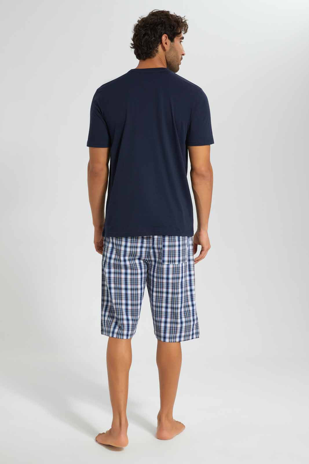 Redtag-Navy-Pyjama-Set-With-Check-Shorts-Category:Pyjama-Sets,-Colour:Navy,-Deals:New-In,-Filter:Men's-Clothing,-Men-Pyjama-Sets,-New-In-Men,-Non-Sale,-Section:Men,-W22O-Men's-