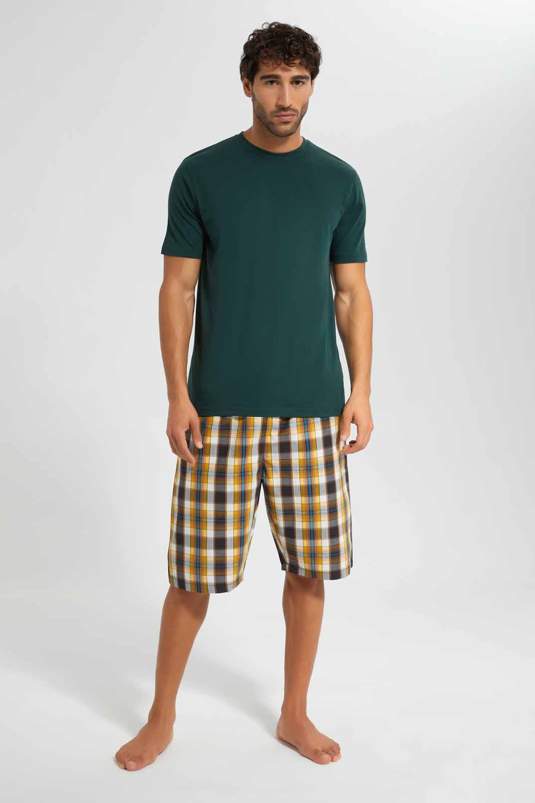 Redtag-Olive-Green-Pyjama-Set-With-Check-Shorts-Category:Pyjama-Sets,-Colour:Olive,-Deals:New-In,-Filter:Men's-Clothing,-Men-Pyjama-Sets,-New-In-Men,-Non-Sale,-Section:Men,-W22O-Men's-