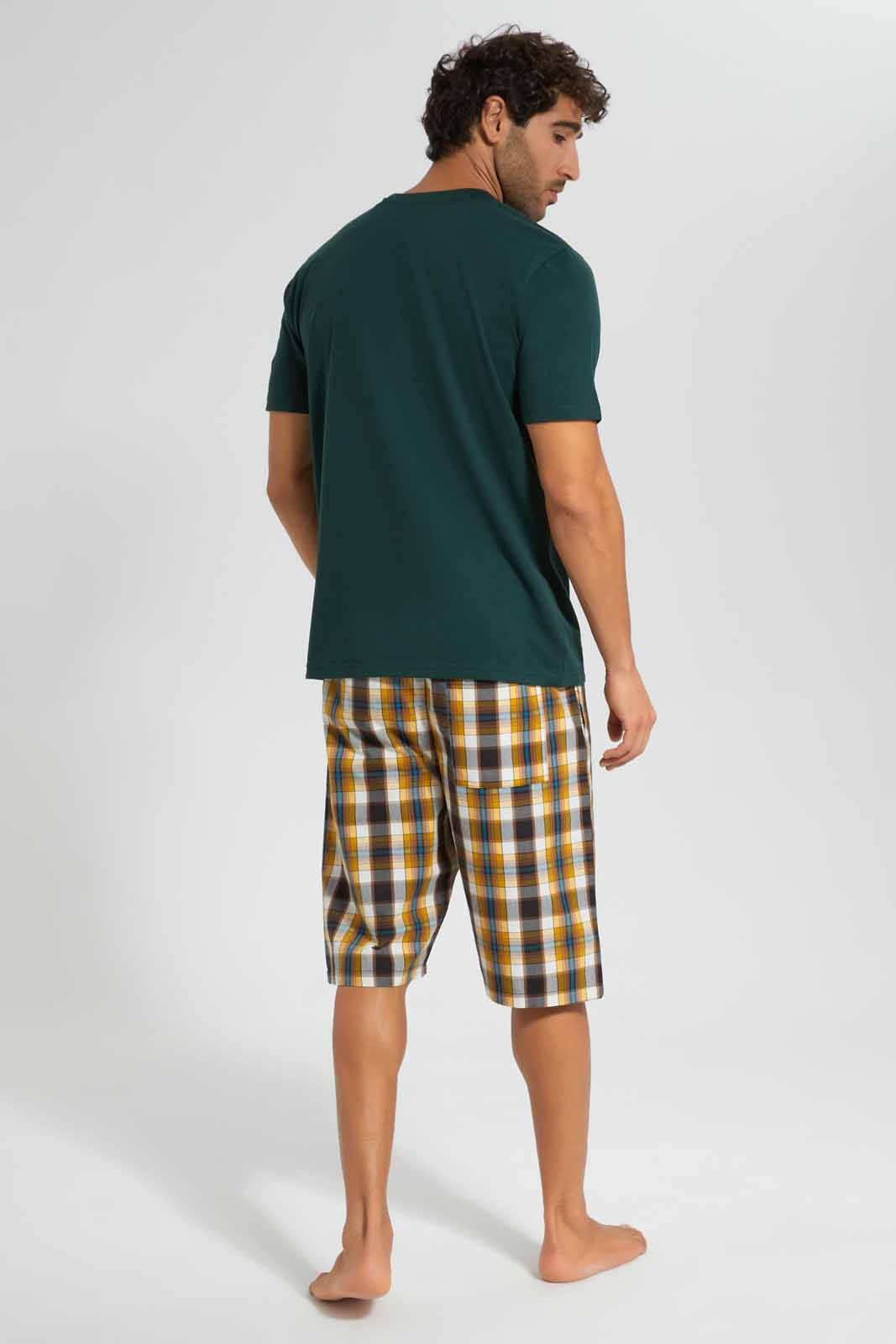 Redtag-Olive-Green-Pyjama-Set-With-Check-Shorts-Category:Pyjama-Sets,-Colour:Olive,-Deals:New-In,-Filter:Men's-Clothing,-Men-Pyjama-Sets,-New-In-Men,-Non-Sale,-Section:Men,-W22O-Men's-