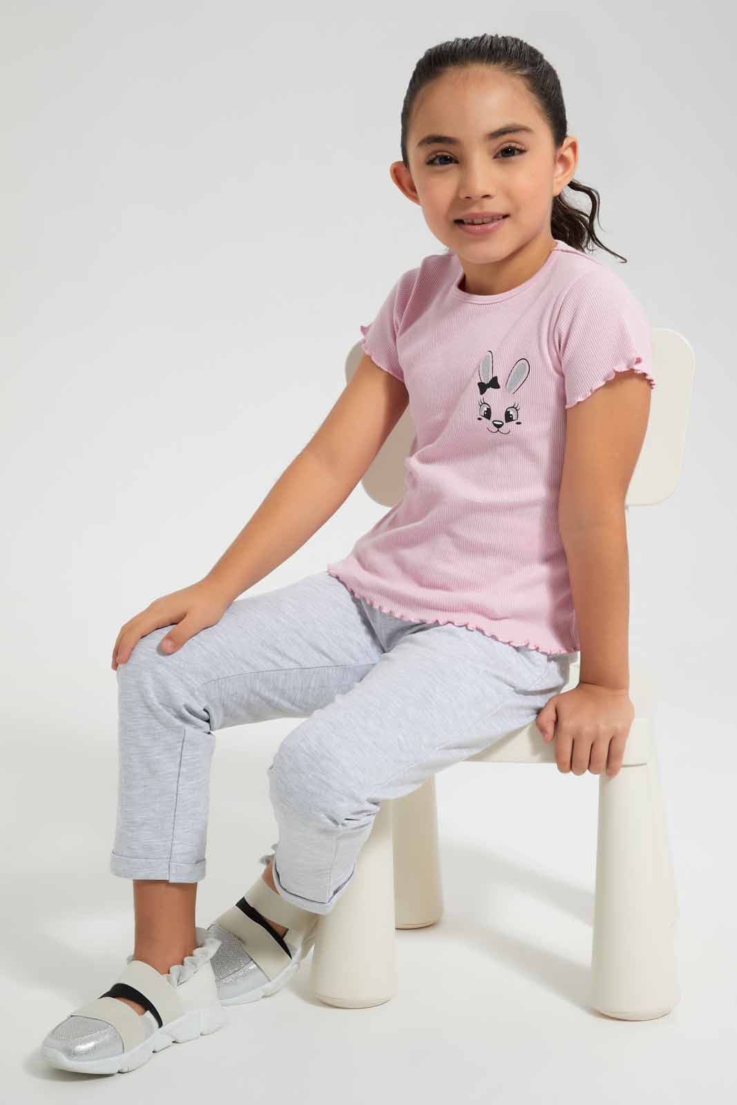Redtag-Pink-Bunny-Placement-RIB-TEE-Category:T-Shirts,-Colour:Apricot,-Deals:New-In,-Filter:Girls-(2-to-8-Yrs),-GIR-T-Shirts,-New-In-GIR-APL,-Non-Sale,-Section:Girls-(0-to-14Yrs),-TBL,-W22O-Girls-2 to 8 Years