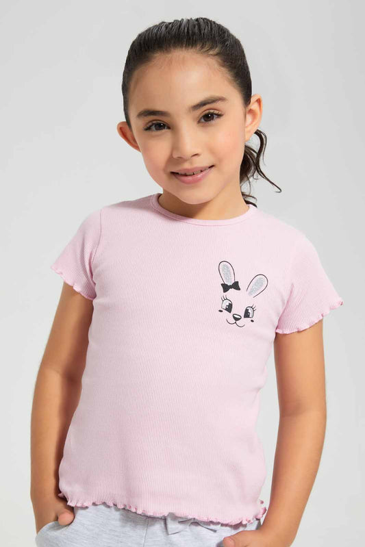 Redtag-Pink-Bunny-Placement-RIB-TEE-Category:T-Shirts,-Colour:Apricot,-Deals:New-In,-Filter:Girls-(2-to-8-Yrs),-GIR-T-Shirts,-New-In-GIR-APL,-Non-Sale,-Section:Girls-(0-to-14Yrs),-TBL,-W22O-Girls-2 to 8 Years