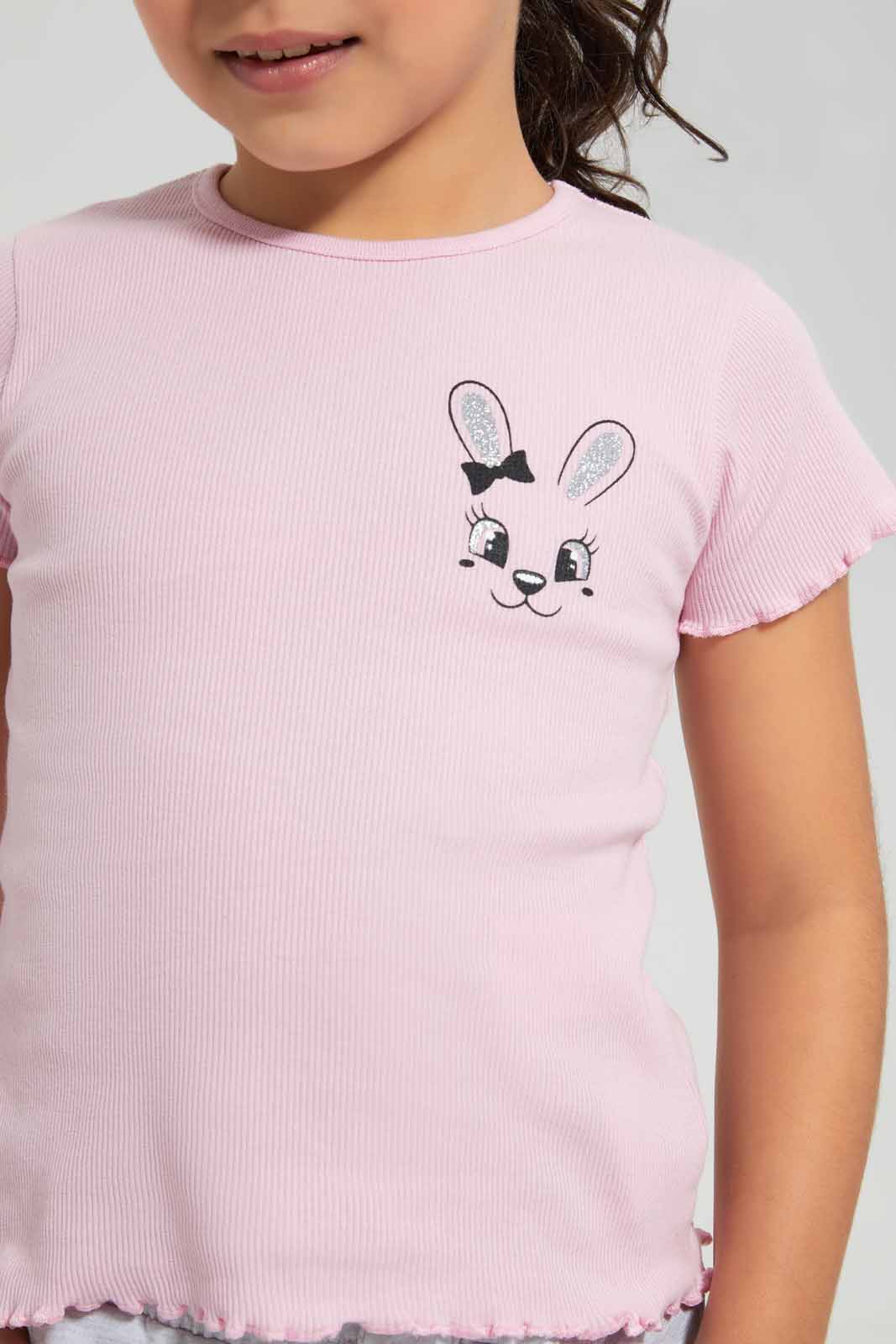 Redtag-Pink-Bunny-Placement-RIB-TEE-Category:T-Shirts,-Colour:Apricot,-Deals:New-In,-Filter:Girls-(2-to-8-Yrs),-GIR-T-Shirts,-New-In-GIR-APL,-Non-Sale,-Section:Girls-(0-to-14Yrs),-TBL,-W22O-Girls-2 to 8 Years