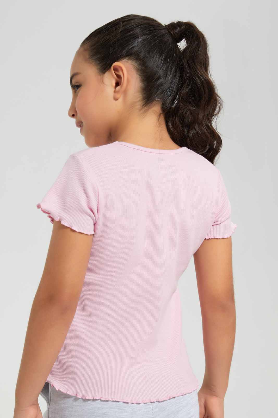Redtag-Pink-Bunny-Placement-RIB-TEE-Category:T-Shirts,-Colour:Apricot,-Deals:New-In,-Filter:Girls-(2-to-8-Yrs),-GIR-T-Shirts,-New-In-GIR-APL,-Non-Sale,-Section:Girls-(0-to-14Yrs),-TBL,-W22O-Girls-2 to 8 Years