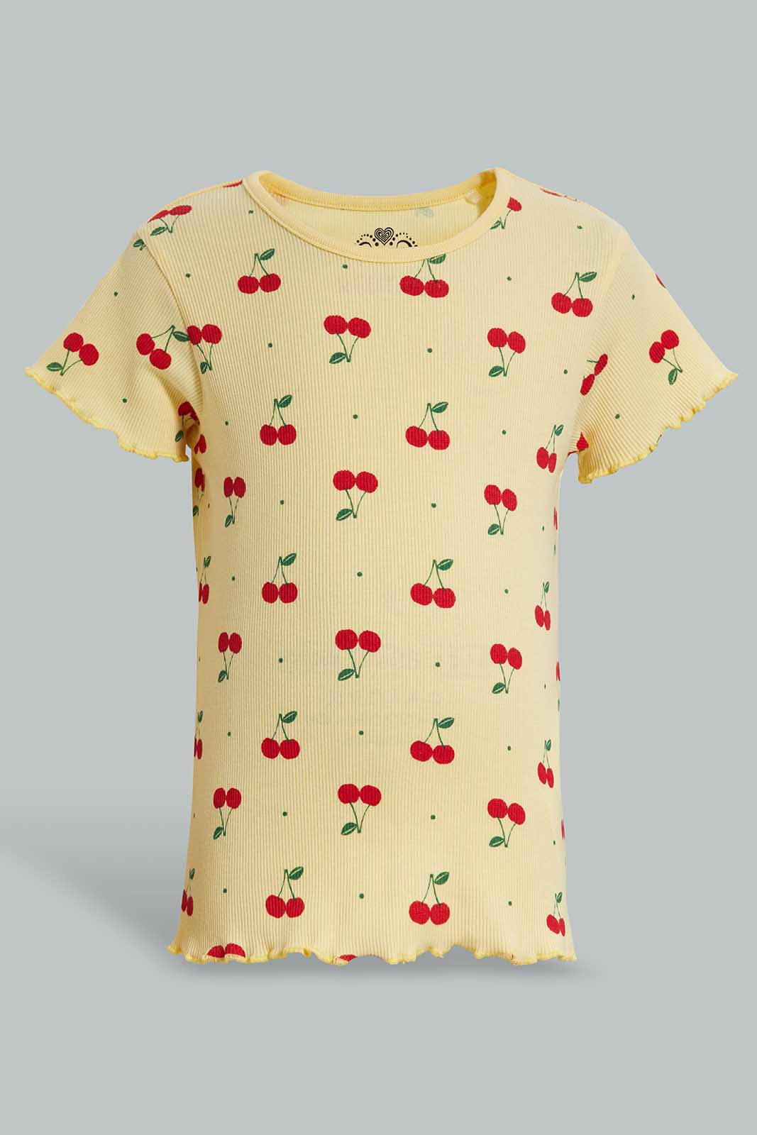 Redtag-Yellow-Cherry-RIB-TEE-Category:T-Shirts,-Colour:Yellow,-Deals:New-In,-Filter:Girls-(2-to-8-Yrs),-GIR-T-Shirts,-New-In-GIR-APL,-Non-Sale,-Section:Girls-(0-to-14Yrs),-TBL,-W22O-Girls-2 to 8 Years