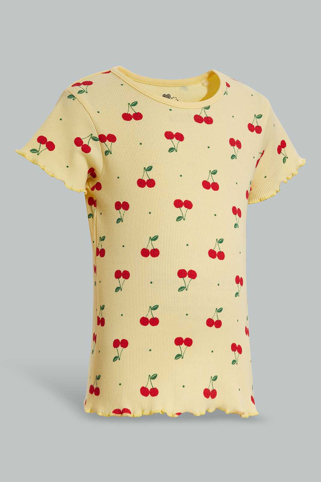 Redtag-Yellow-Cherry-RIB-TEE-Category:T-Shirts,-Colour:Yellow,-Deals:New-In,-Filter:Girls-(2-to-8-Yrs),-GIR-T-Shirts,-New-In-GIR-APL,-Non-Sale,-Section:Girls-(0-to-14Yrs),-TBL,-W22O-Girls-2 to 8 Years