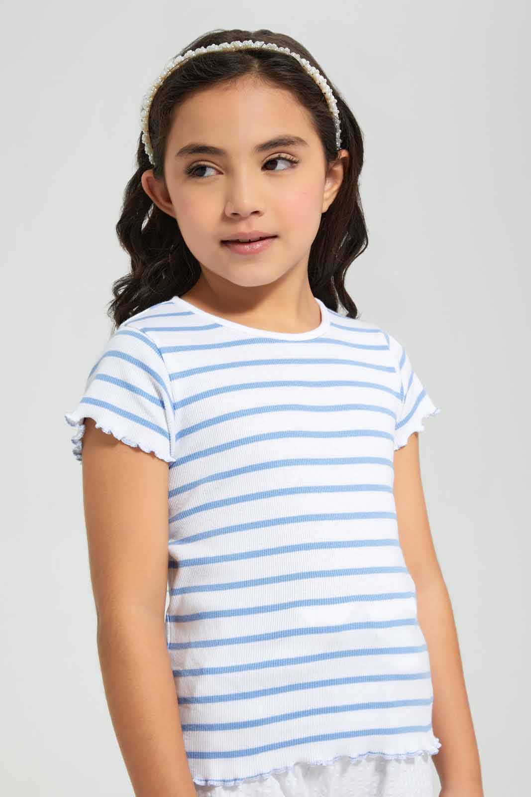 Redtag-White-/-Blue-Stripe-RIB-TEE-Category:T-Shirts,-Colour:Green,-Deals:New-In,-Filter:Girls-(2-to-8-Yrs),-GIR-T-Shirts,-New-In-GIR-APL,-Non-Sale,-Section:Girls-(0-to-14Yrs),-TBL,-W22O-Girls-2 to 8 Years