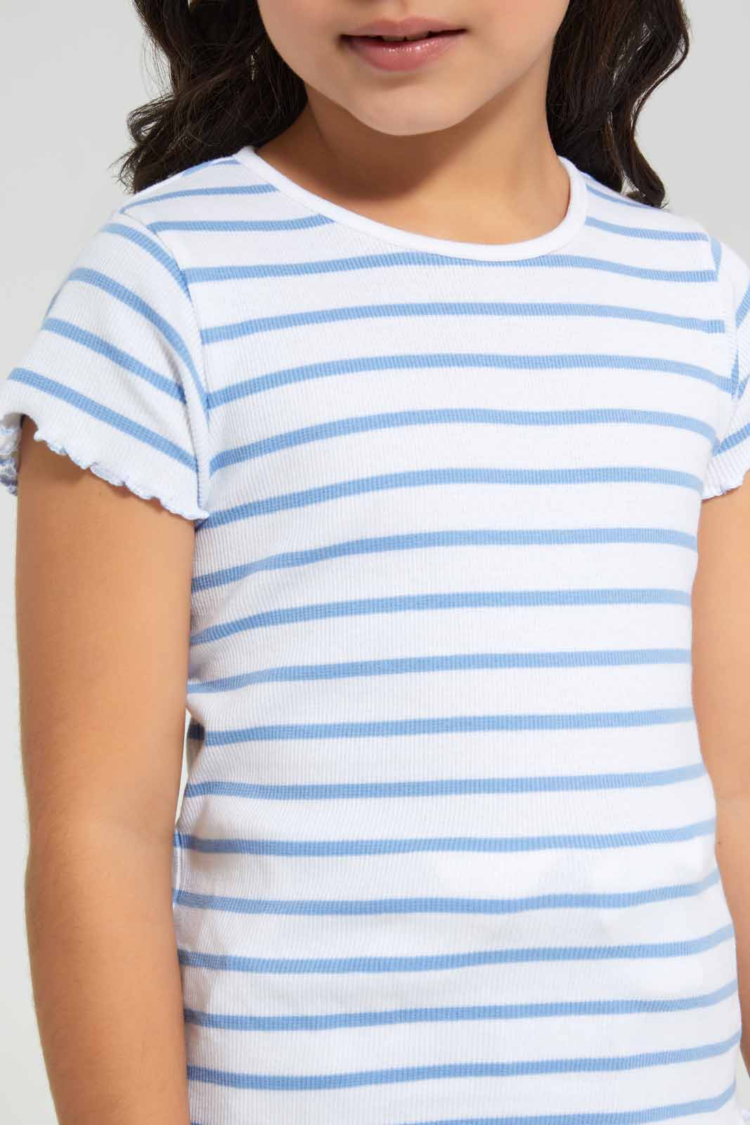 Redtag-White-/-Blue-Stripe-RIB-TEE-Category:T-Shirts,-Colour:Green,-Deals:New-In,-Filter:Girls-(2-to-8-Yrs),-GIR-T-Shirts,-New-In-GIR-APL,-Non-Sale,-Section:Girls-(0-to-14Yrs),-TBL,-W22O-Girls-2 to 8 Years