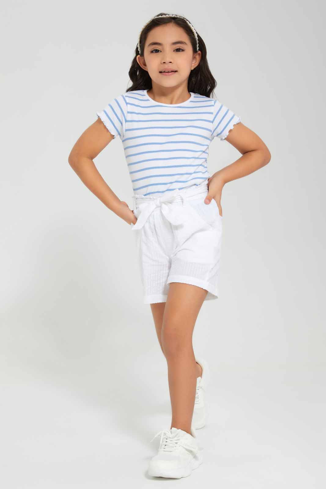 Redtag-White-/-Blue-Stripe-RIB-TEE-Category:T-Shirts,-Colour:Green,-Deals:New-In,-Filter:Girls-(2-to-8-Yrs),-GIR-T-Shirts,-New-In-GIR-APL,-Non-Sale,-Section:Girls-(0-to-14Yrs),-TBL,-W22O-Girls-2 to 8 Years
