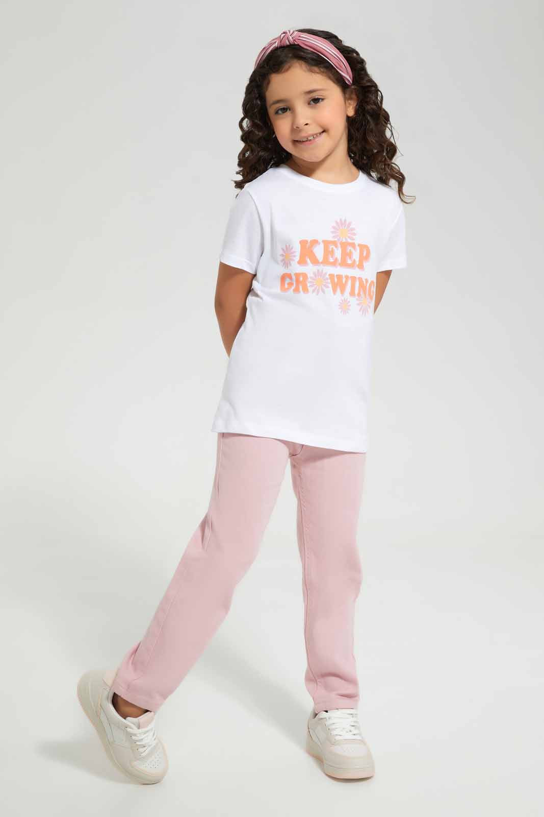 Redtag-White-Basic---Calim-Graphic-TEE-Category:T-Shirts,-Colour:White,-Deals:New-In,-Filter:Girls-(2-to-8-Yrs),-GIR-T-Shirts,-New-In-GIR-APL,-Non-Sale,-Section:Girls-(0-to-14Yrs),-TBL,-W22O-Girls-2 to 8 Years