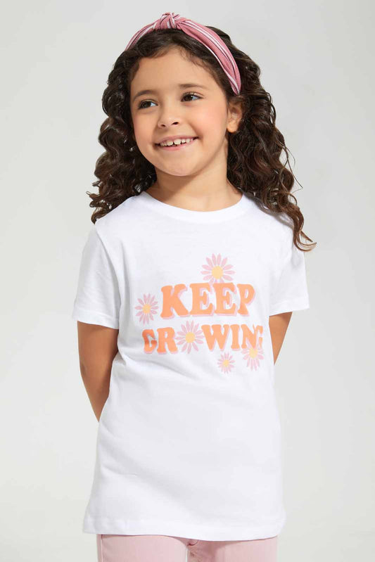 Redtag-White-Basic---Calim-Graphic-TEE-Category:T-Shirts,-Colour:White,-Deals:New-In,-Filter:Girls-(2-to-8-Yrs),-GIR-T-Shirts,-New-In-GIR-APL,-Non-Sale,-Section:Girls-(0-to-14Yrs),-TBL,-W22O-Girls-2 to 8 Years