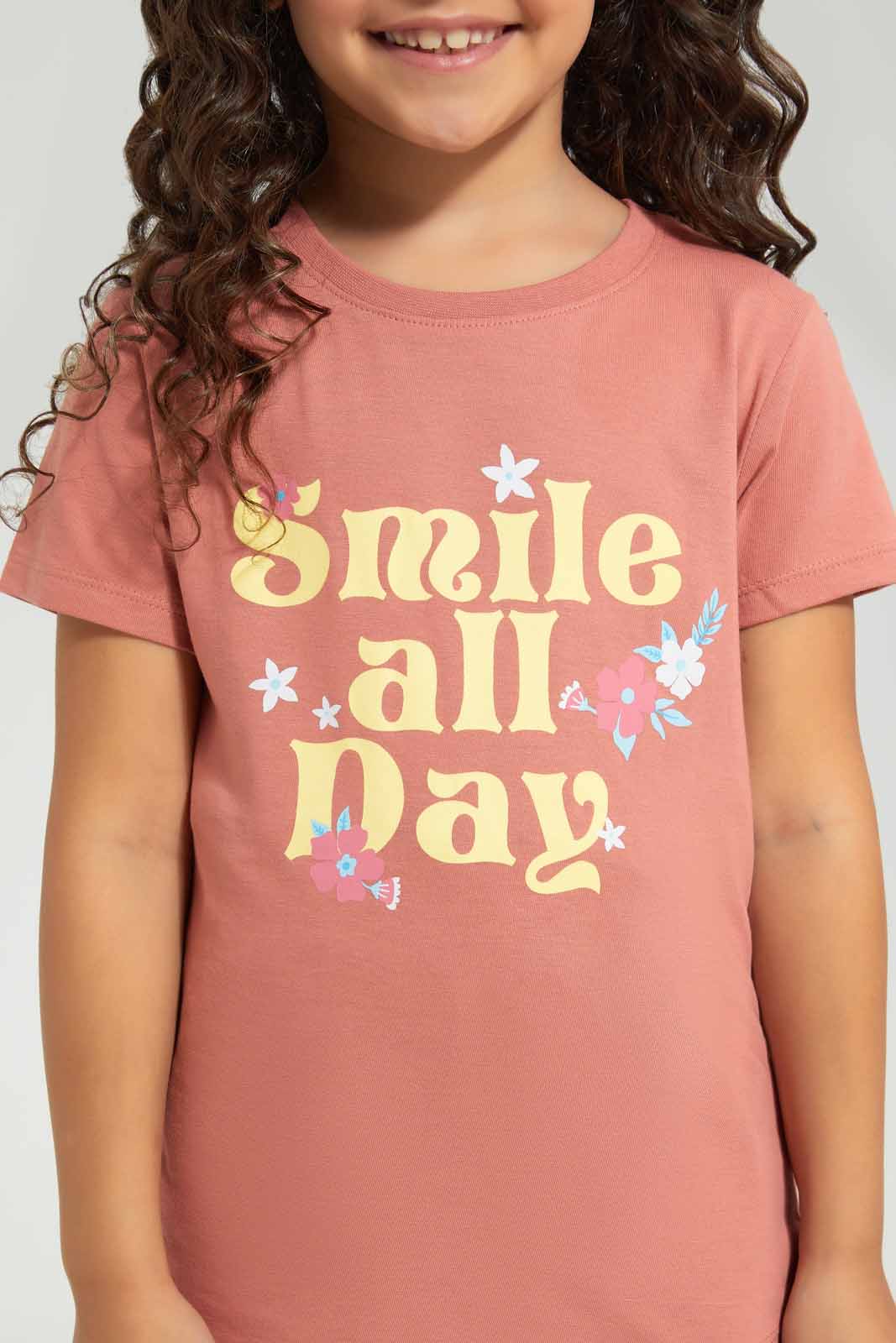 Redtag-Pink-basic-Mood-Placement-TEE-Category:T-Shirts,-Colour:Apricot,-Deals:New-In,-Filter:Girls-(2-to-8-Yrs),-GIR-T-Shirts,-New-In-GIR-APL,-Non-Sale,-Section:Girls-(0-to-14Yrs),-TBL,-W22O-Girls-2 to 8 Years