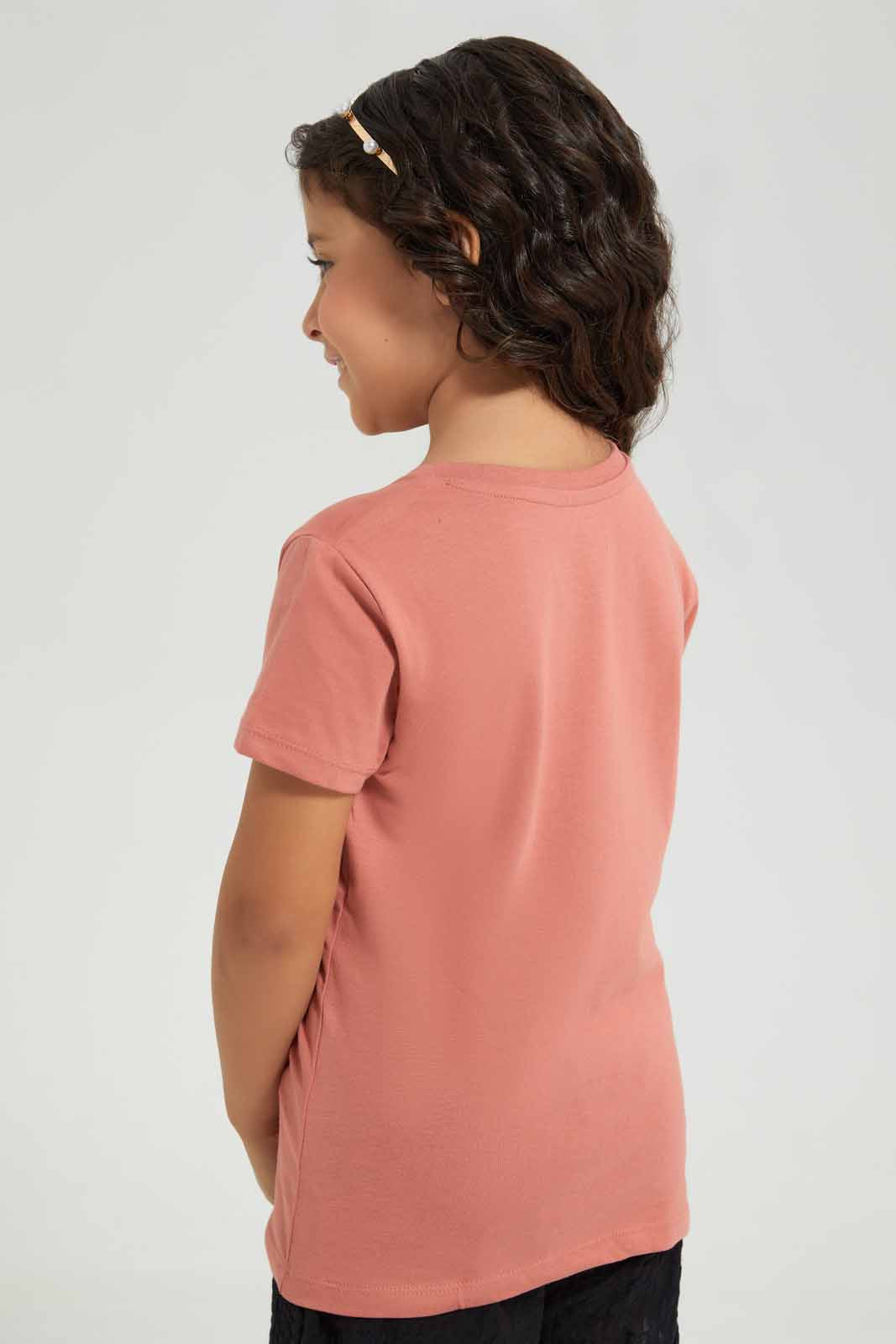 Redtag-Pink-basic-Mood-Placement-TEE-Category:T-Shirts,-Colour:Apricot,-Deals:New-In,-Filter:Girls-(2-to-8-Yrs),-GIR-T-Shirts,-New-In-GIR-APL,-Non-Sale,-Section:Girls-(0-to-14Yrs),-TBL,-W22O-Girls-2 to 8 Years