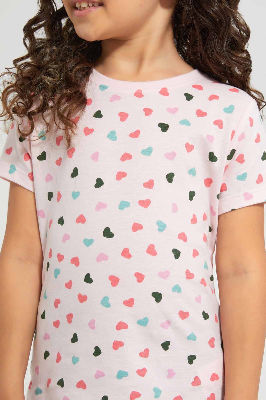 Redtag-Pink-Basic-AOP-Heart-TEE-Category:T-Shirts,-Colour:Apricot,-Deals:New-In,-Filter:Girls-(2-to-8-Yrs),-GIR-T-Shirts,-New-In-GIR-APL,-Non-Sale,-Section:Girls-(0-to-14Yrs),-TBL,-W22O-Girls-2 to 8 Years