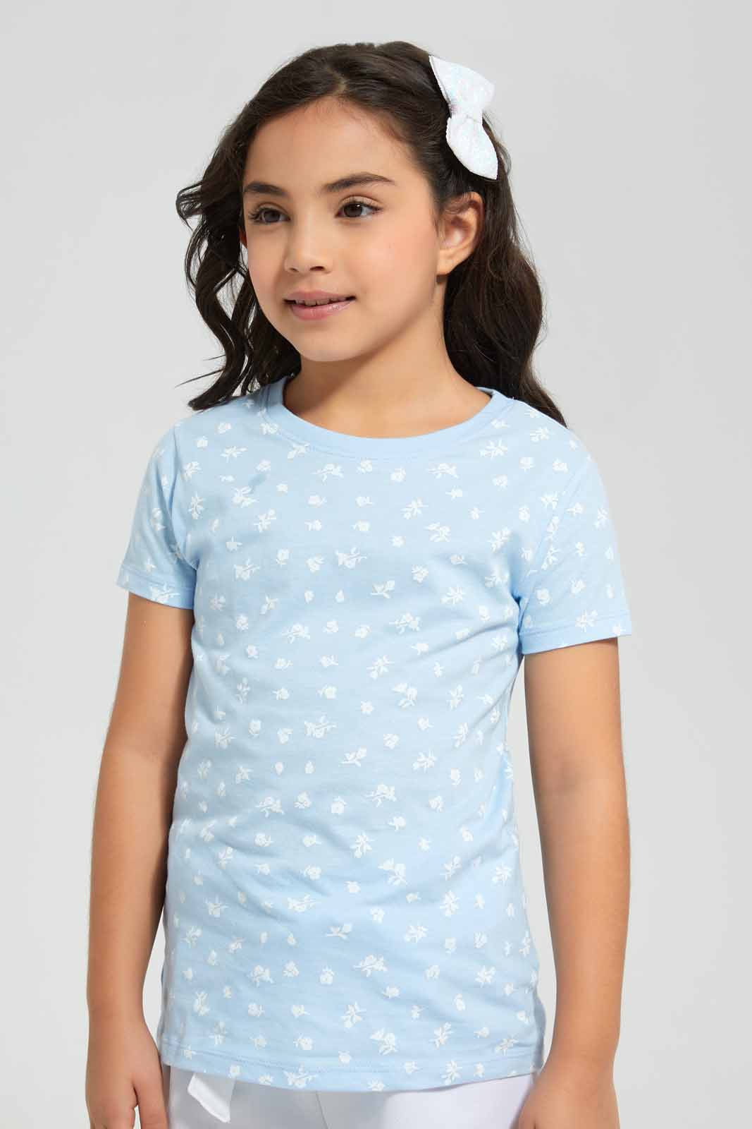 Redtag-Blue-Basic-Sprig-AOP-TEE-Category:T-Shirts,-Colour:Blue,-Deals:New-In,-Filter:Girls-(2-to-8-Yrs),-GIR-T-Shirts,-New-In-GIR-APL,-Non-Sale,-Section:Girls-(0-to-14Yrs),-TBL,-W22O-Girls-2 to 8 Years