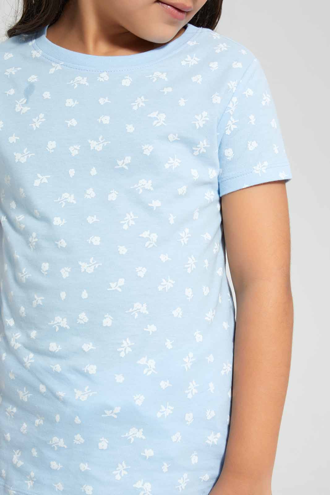 Redtag-Blue-Basic-Sprig-AOP-TEE-Category:T-Shirts,-Colour:Blue,-Deals:New-In,-Filter:Girls-(2-to-8-Yrs),-GIR-T-Shirts,-New-In-GIR-APL,-Non-Sale,-Section:Girls-(0-to-14Yrs),-TBL,-W22O-Girls-2 to 8 Years