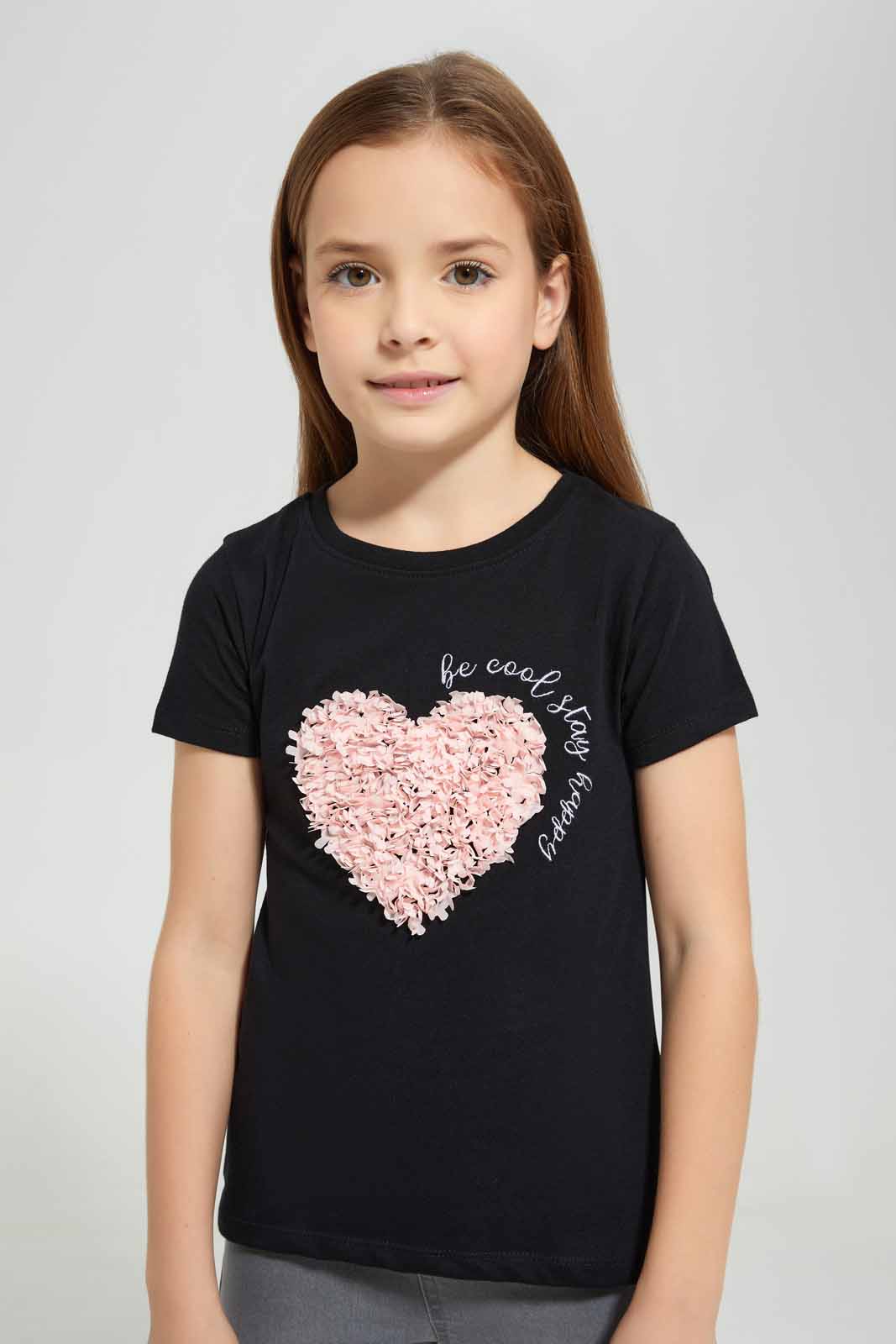 Redtag-Black-Novelty-Heart-TEE-Category:T-Shirts,-Colour:Black,-Deals:New-In,-Filter:Girls-(2-to-8-Yrs),-GIR-T-Shirts,-New-In-GIR-APL,-Non-Sale,-Section:Girls-(0-to-14Yrs),-TBL,-W22O-Girls-2 to 8 Years