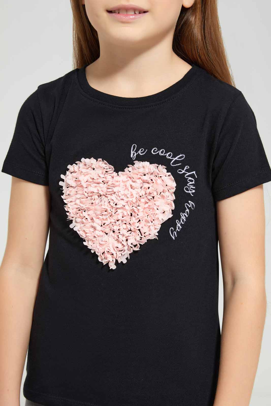 Redtag-Black-Novelty-Heart-TEE-Category:T-Shirts,-Colour:Black,-Deals:New-In,-Filter:Girls-(2-to-8-Yrs),-GIR-T-Shirts,-New-In-GIR-APL,-Non-Sale,-Section:Girls-(0-to-14Yrs),-TBL,-W22O-Girls-2 to 8 Years