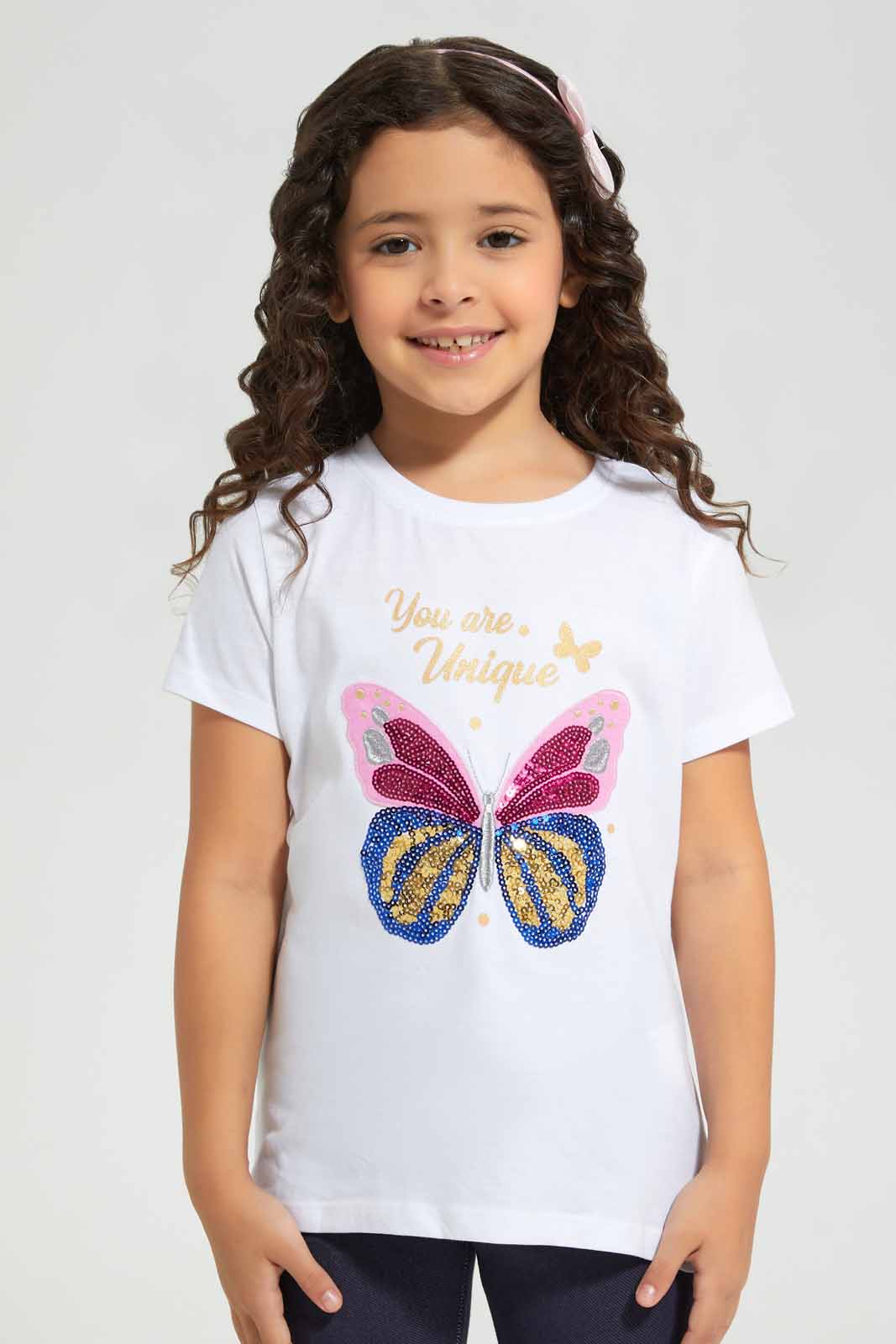 Redtag-White-Glitter-Novelty-Butterfly-TEE-Category:T-Shirts,-Colour:White,-Deals:New-In,-Filter:Girls-(2-to-8-Yrs),-GIR-T-Shirts,-New-In-GIR-APL,-Non-Sale,-Section:Girls-(0-to-14Yrs),-TBL,-W22O-Girls-2 to 8 Years