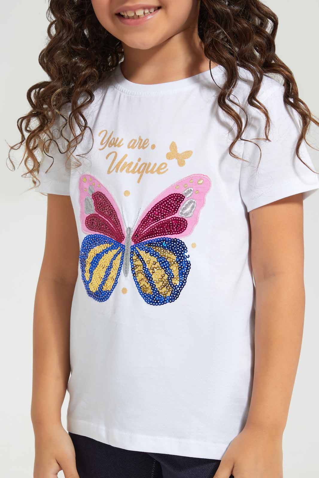 Redtag-White-Glitter-Novelty-Butterfly-TEE-Category:T-Shirts,-Colour:White,-Deals:New-In,-Filter:Girls-(2-to-8-Yrs),-GIR-T-Shirts,-New-In-GIR-APL,-Non-Sale,-Section:Girls-(0-to-14Yrs),-TBL,-W22O-Girls-2 to 8 Years