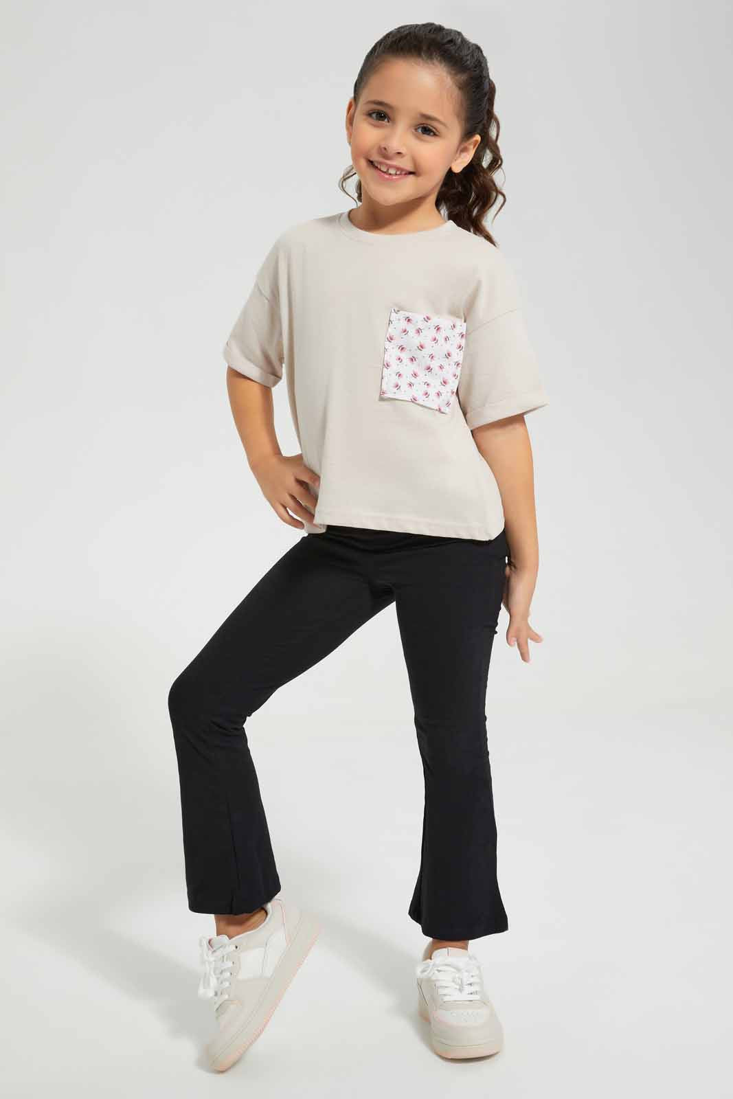 Redtag-Stone-Boxy-Pocket-Detail-TEE-Category:T-Shirts,-Colour:Beige,-Deals:New-In,-Filter:Girls-(2-to-8-Yrs),-GIR-T-Shirts,-New-In-GIR-APL,-Non-Sale,-Section:Girls-(0-to-14Yrs),-TBL,-W22O-Girls-2 to 8 Years