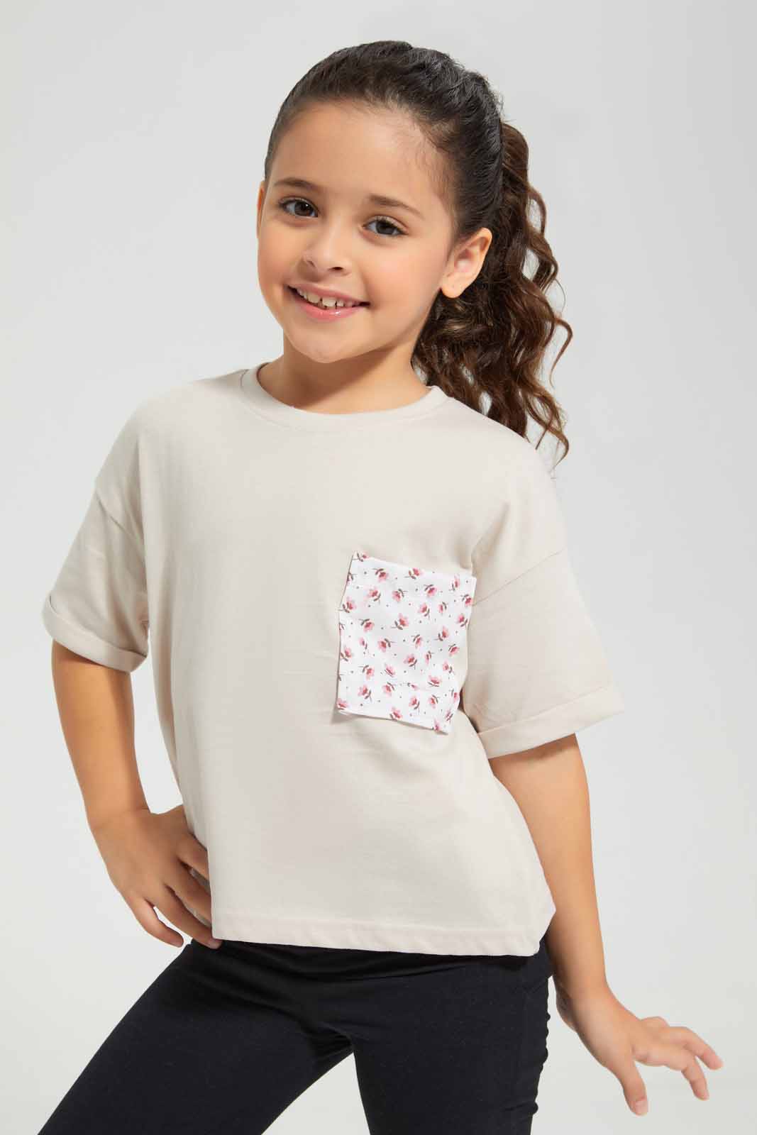Redtag-Stone-Boxy-Pocket-Detail-TEE-Category:T-Shirts,-Colour:Beige,-Deals:New-In,-Filter:Girls-(2-to-8-Yrs),-GIR-T-Shirts,-New-In-GIR-APL,-Non-Sale,-Section:Girls-(0-to-14Yrs),-TBL,-W22O-Girls-2 to 8 Years