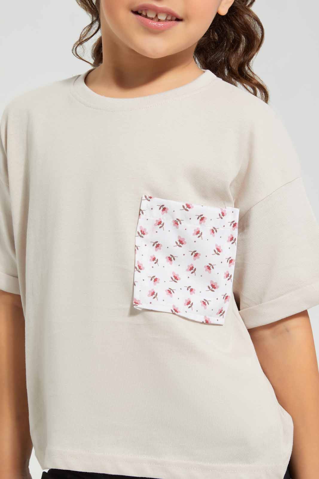Redtag-Stone-Boxy-Pocket-Detail-TEE-Category:T-Shirts,-Colour:Beige,-Deals:New-In,-Filter:Girls-(2-to-8-Yrs),-GIR-T-Shirts,-New-In-GIR-APL,-Non-Sale,-Section:Girls-(0-to-14Yrs),-TBL,-W22O-Girls-2 to 8 Years