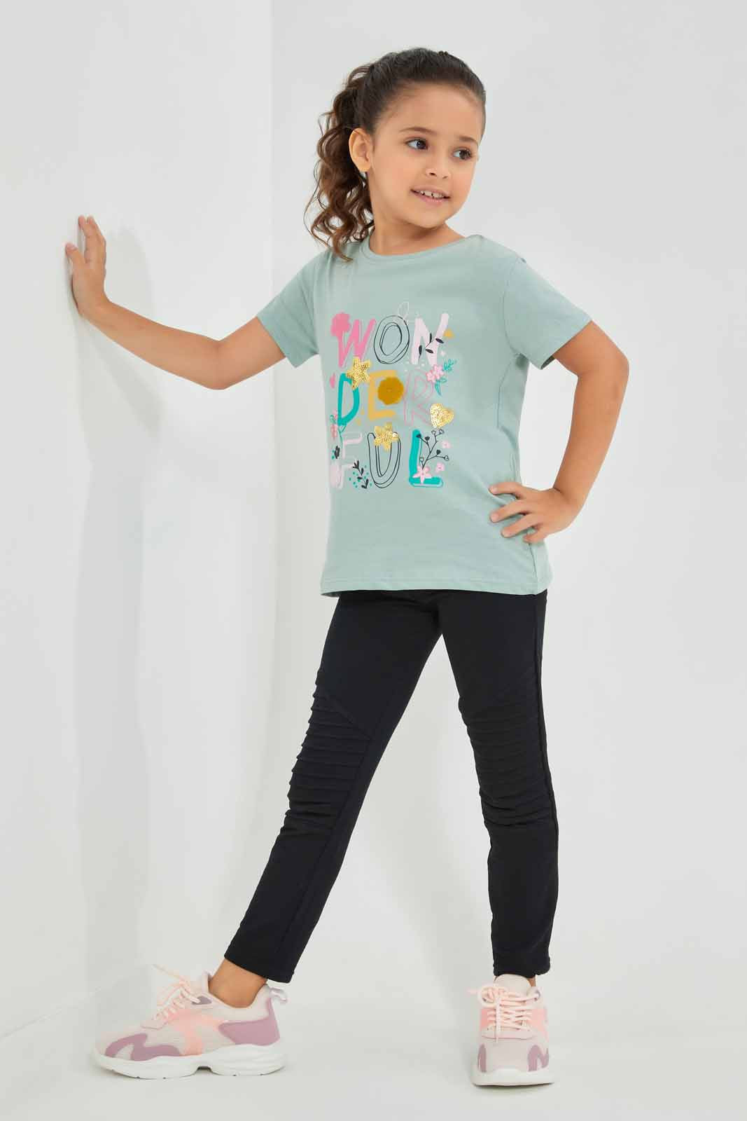 Redtag-Green-Embroided-Novelty-TEE-Category:T-Shirts,-Colour:Green,-Deals:New-In,-Filter:Girls-(2-to-8-Yrs),-GIR-T-Shirts,-New-In-GIR-APL,-Non-Sale,-Section:Girls-(0-to-14Yrs),-TBL,-W22O-Girls-2 to 8 Years