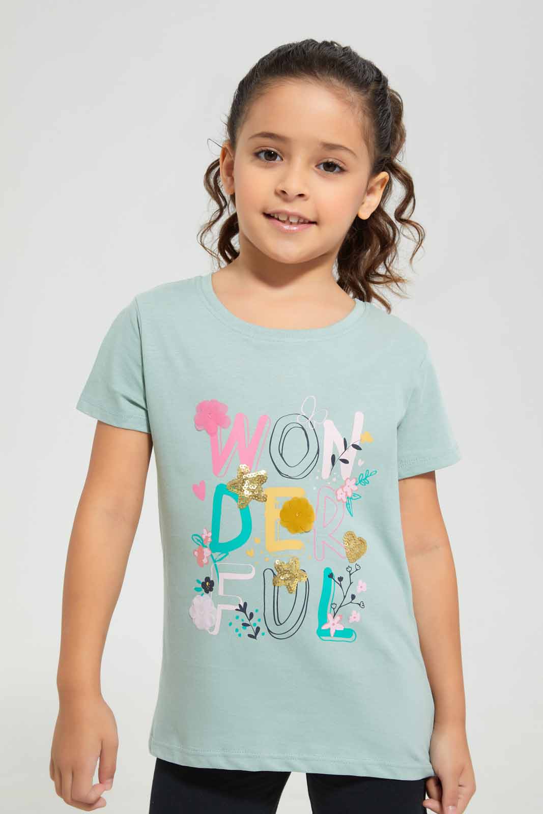 Redtag-Green-Embroided-Novelty-TEE-Category:T-Shirts,-Colour:Green,-Deals:New-In,-Filter:Girls-(2-to-8-Yrs),-GIR-T-Shirts,-New-In-GIR-APL,-Non-Sale,-Section:Girls-(0-to-14Yrs),-TBL,-W22O-Girls-2 to 8 Years