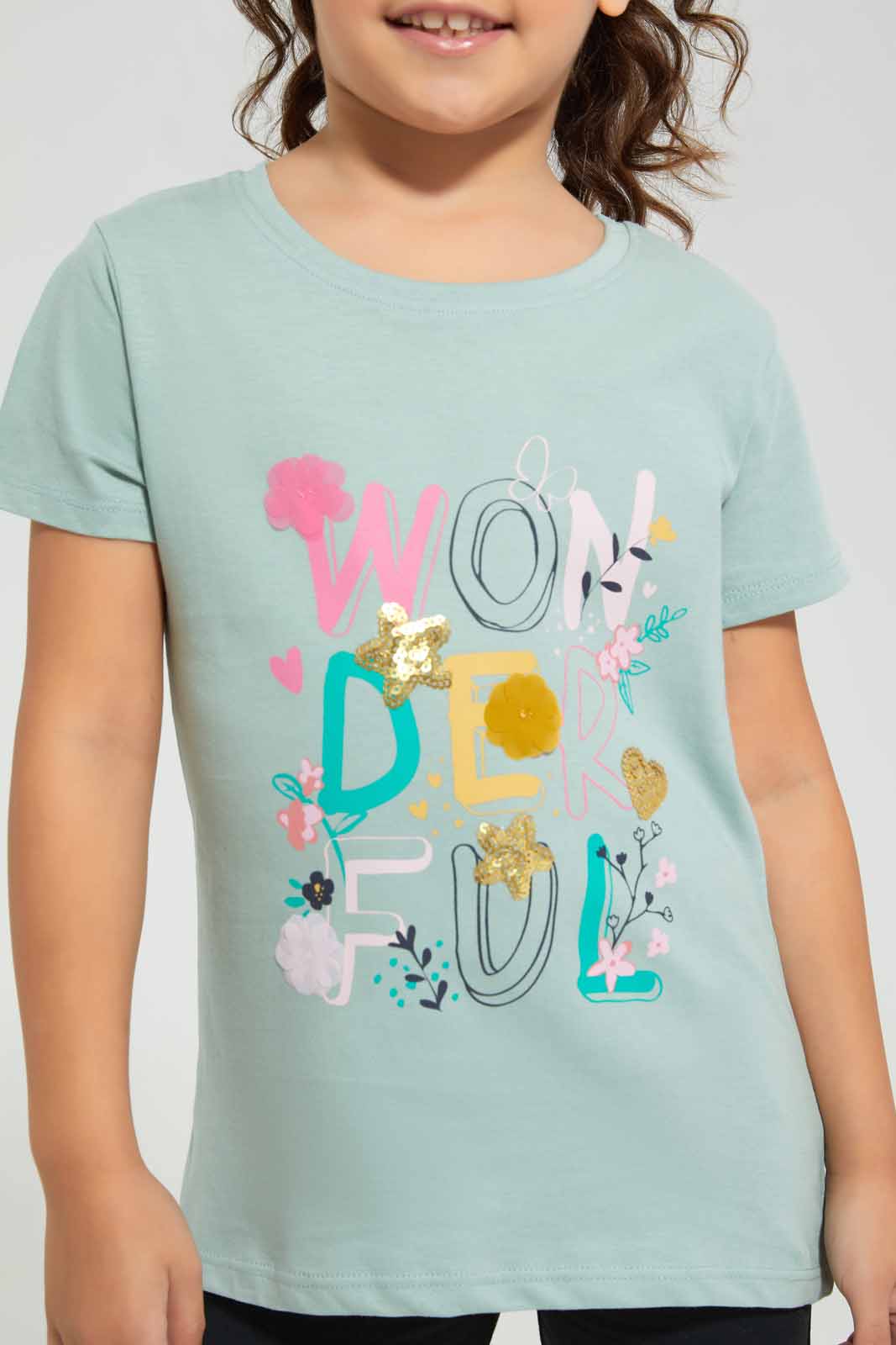 Redtag-Green-Embroided-Novelty-TEE-Category:T-Shirts,-Colour:Green,-Deals:New-In,-Filter:Girls-(2-to-8-Yrs),-GIR-T-Shirts,-New-In-GIR-APL,-Non-Sale,-Section:Girls-(0-to-14Yrs),-TBL,-W22O-Girls-2 to 8 Years