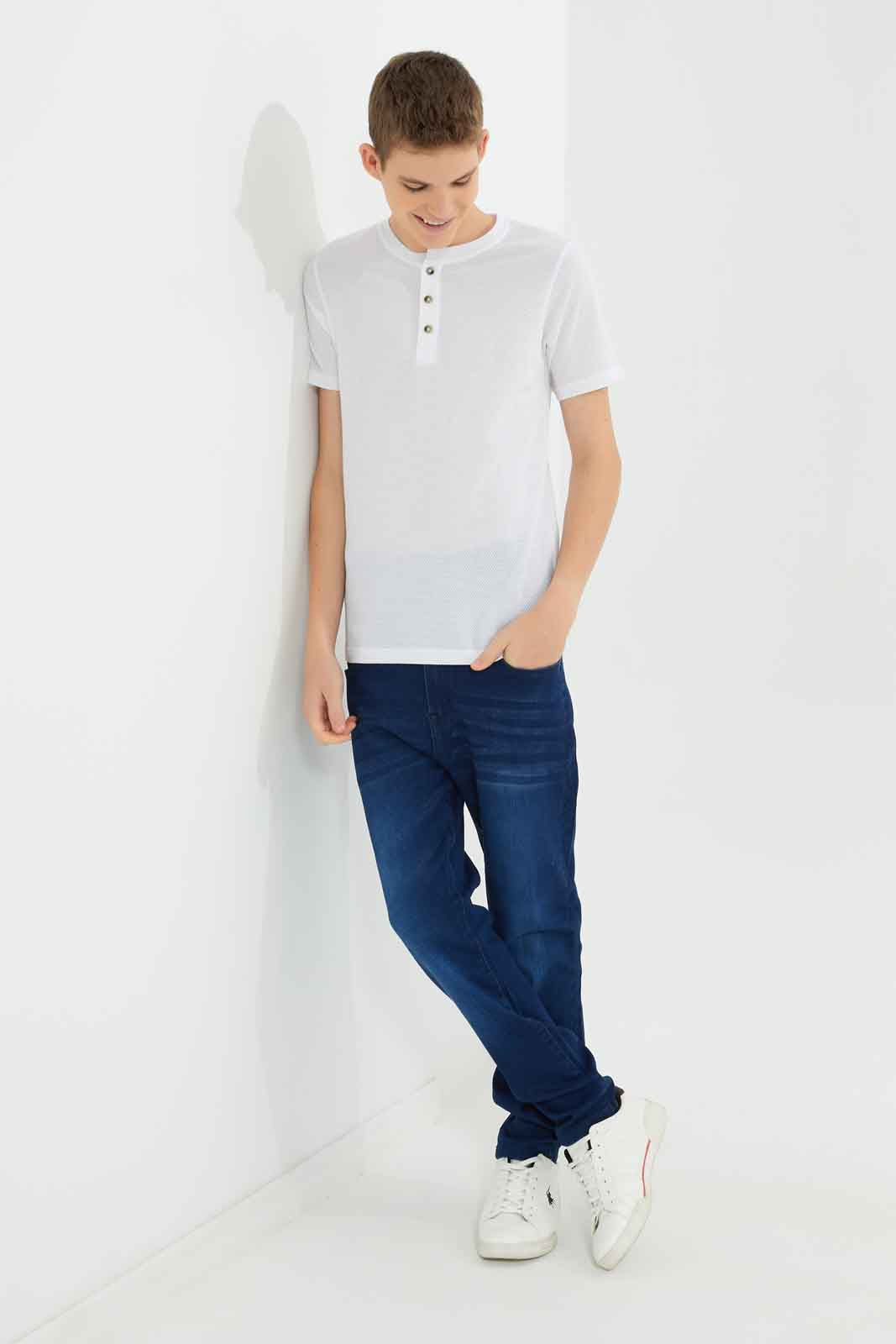 Redtag-White-Jacquard-Henley-Tshirt-BSR-T-Shirts,-BTS,-Category:T-Shirts,-Colour:White,-Deals:New-In,-Dept:Boys,-Filter:Senior-Boys-(8-to-14-Yrs),-New-In-BSR-APL,-Non-Sale,-Section:Boys-(0-to-14Yrs),-TBL,-W22O-Senior-Boys-9 to 14 Years