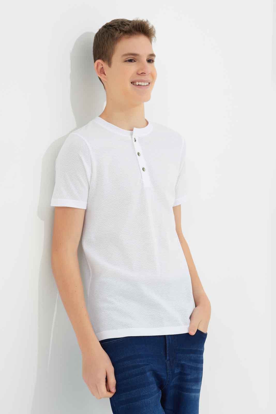 Redtag-White-Jacquard-Henley-Tshirt-BSR-T-Shirts,-BTS,-Category:T-Shirts,-Colour:White,-Deals:New-In,-Dept:Boys,-Filter:Senior-Boys-(8-to-14-Yrs),-New-In-BSR-APL,-Non-Sale,-Section:Boys-(0-to-14Yrs),-TBL,-W22O-Senior-Boys-9 to 14 Years
