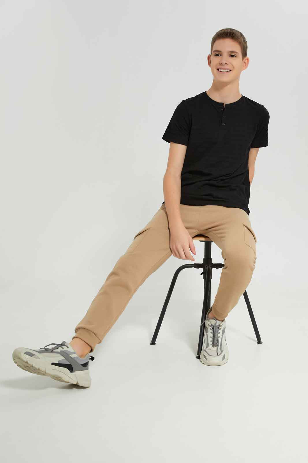 Redtag-Black-Jacquard-Henley-Tshirt-BSR-T-Shirts,-BTS,-Category:T-Shirts,-Colour:Black,-Deals:New-In,-Dept:Boys,-Filter:Senior-Boys-(8-to-14-Yrs),-New-In-BSR-APL,-Non-Sale,-Section:Boys-(0-to-14Yrs),-TBL,-W22O-Senior-Boys-9 to 14 Years