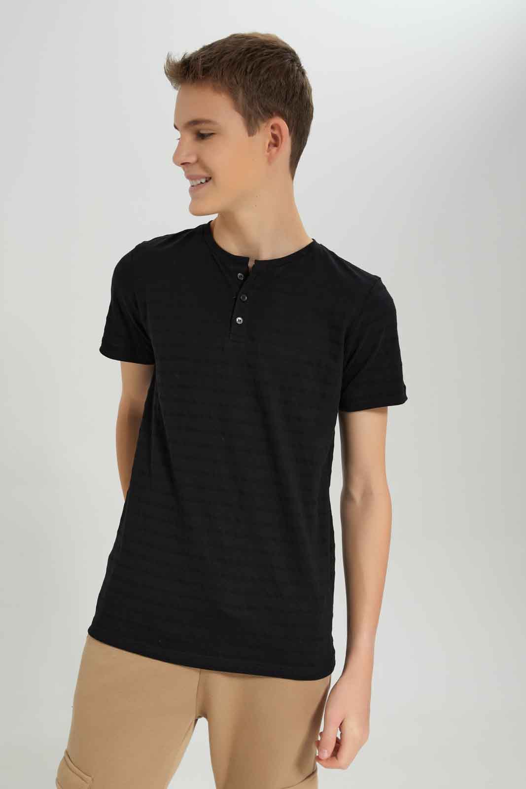 Redtag-Black-Jacquard-Henley-Tshirt-BSR-T-Shirts,-BTS,-Category:T-Shirts,-Colour:Black,-Deals:New-In,-Dept:Boys,-Filter:Senior-Boys-(8-to-14-Yrs),-New-In-BSR-APL,-Non-Sale,-Section:Boys-(0-to-14Yrs),-TBL,-W22O-Senior-Boys-9 to 14 Years