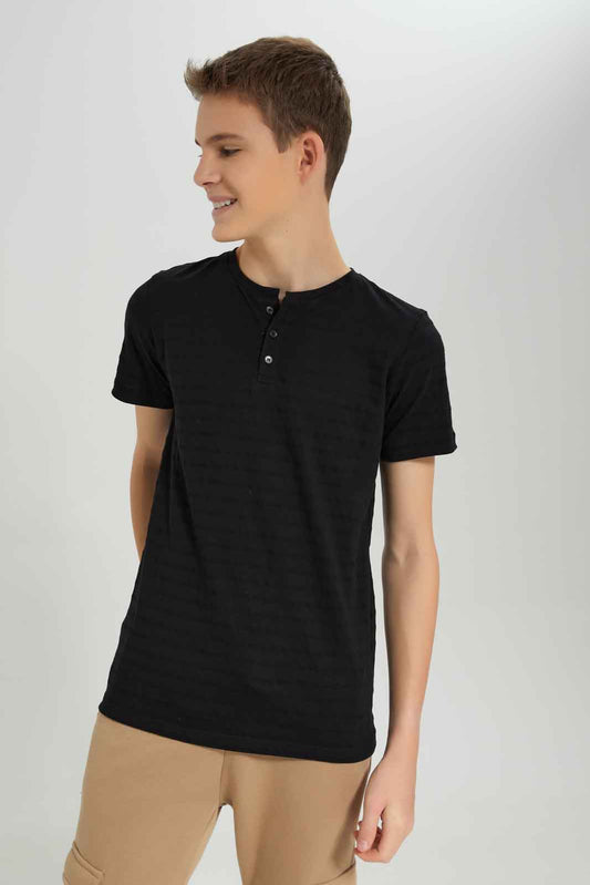 Redtag-Black-Jacquard-Henley-Tshirt-BSR-T-Shirts,-BTS,-Category:T-Shirts,-Colour:Black,-Deals:New-In,-Dept:Boys,-Filter:Senior-Boys-(8-to-14-Yrs),-New-In-BSR-APL,-Non-Sale,-Section:Boys-(0-to-14Yrs),-TBL,-W22O-Senior-Boys-9 to 14 Years