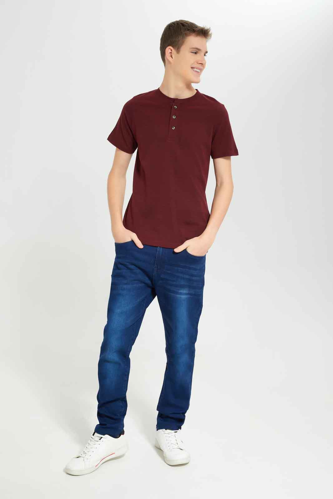 Redtag-Red-Jacquard-Henley-Tshirt-BSR-T-Shirts,-Category:T-Shirts,-Colour:Red,-Deals:New-In,-Dept:Boys,-Filter:Senior-Boys-(8-to-14-Yrs),-New-In-BSR-APL,-Non-Sale,-Section:Boys-(0-to-14Yrs),-TBL,-W22O-Senior-Boys-9 to 14 Years