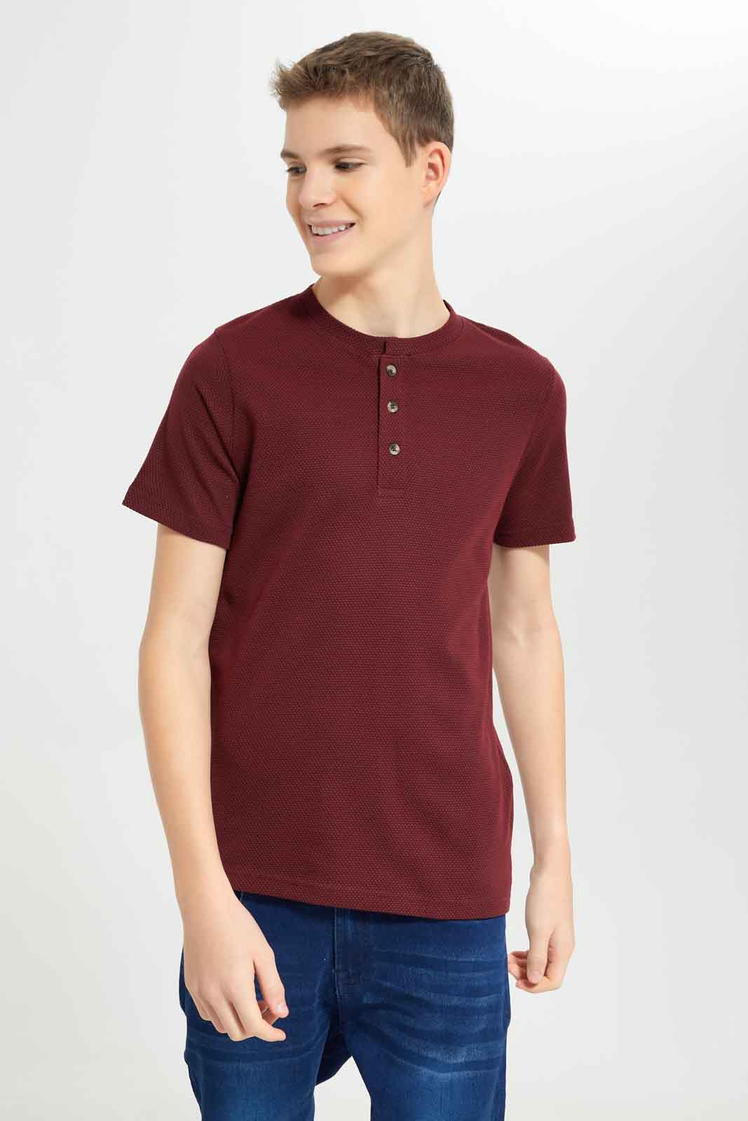 Redtag-Red-Jacquard-Henley-Tshirt-BSR-T-Shirts,-Category:T-Shirts,-Colour:Red,-Deals:New-In,-Dept:Boys,-Filter:Senior-Boys-(8-to-14-Yrs),-New-In-BSR-APL,-Non-Sale,-Section:Boys-(0-to-14Yrs),-TBL,-W22O-Senior-Boys-9 to 14 Years