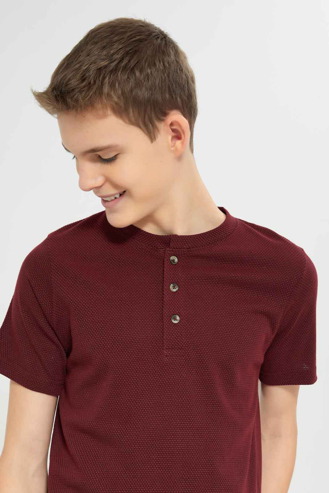 Redtag-Red-Jacquard-Henley-Tshirt-BSR-T-Shirts,-Category:T-Shirts,-Colour:Red,-Deals:New-In,-Dept:Boys,-Filter:Senior-Boys-(8-to-14-Yrs),-New-In-BSR-APL,-Non-Sale,-Section:Boys-(0-to-14Yrs),-TBL,-W22O-Senior-Boys-9 to 14 Years